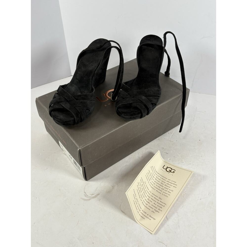 UGG Australia Violet Black Suede Wedge Sandals Womens Size 7 EU 38 Heels w Box